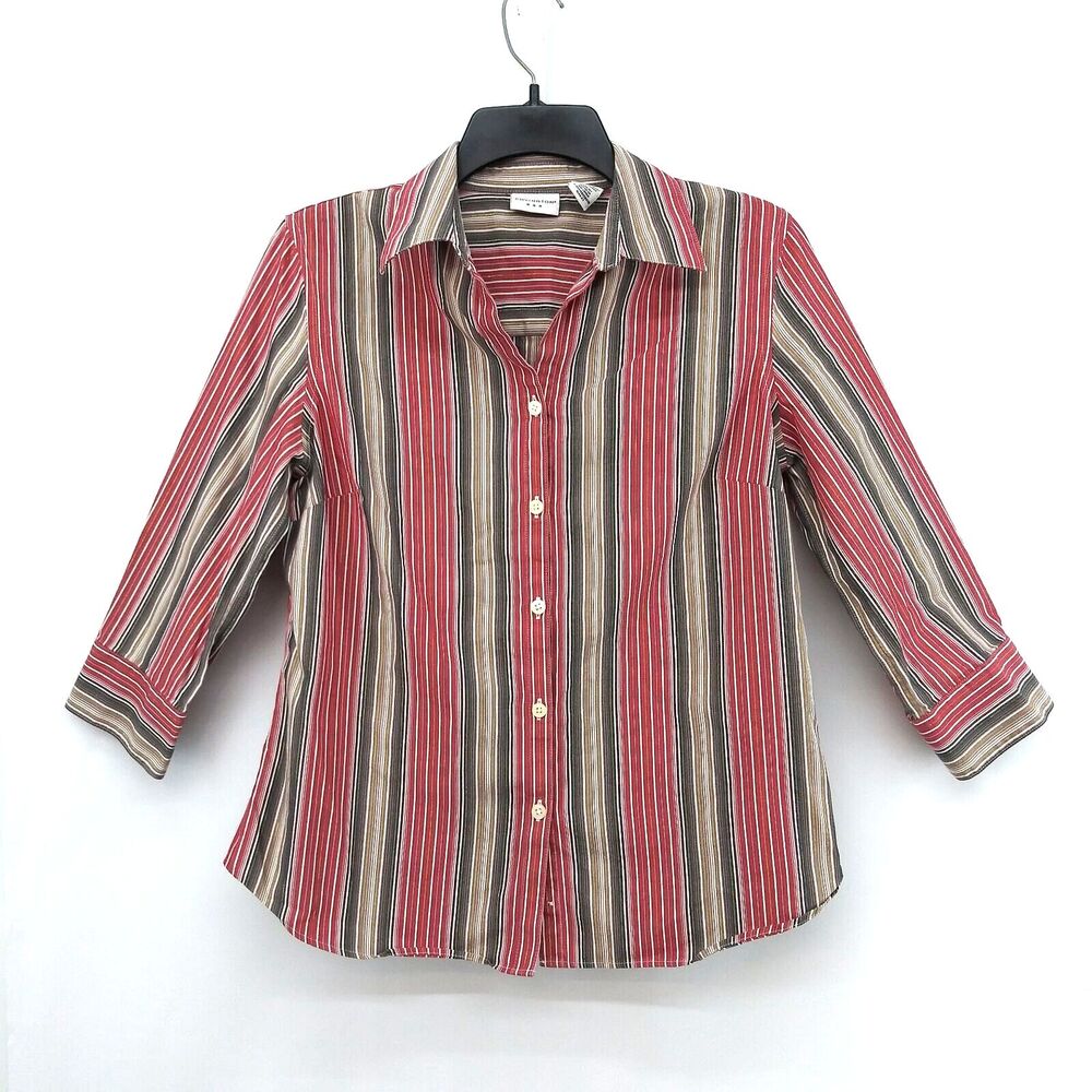 Covington Shirt Womens Size S Red Gray Gold Metallic Striped Button Up Top